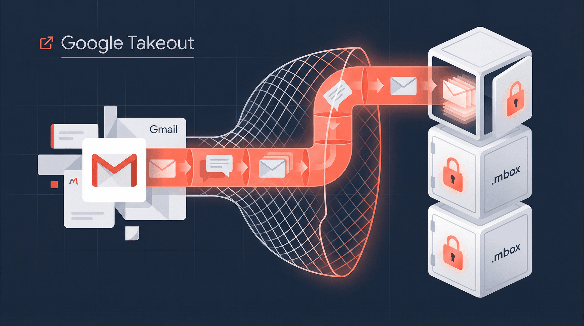 Editorial illustration showing Google Takeout exporting Gmail data into secure .mbox archive files